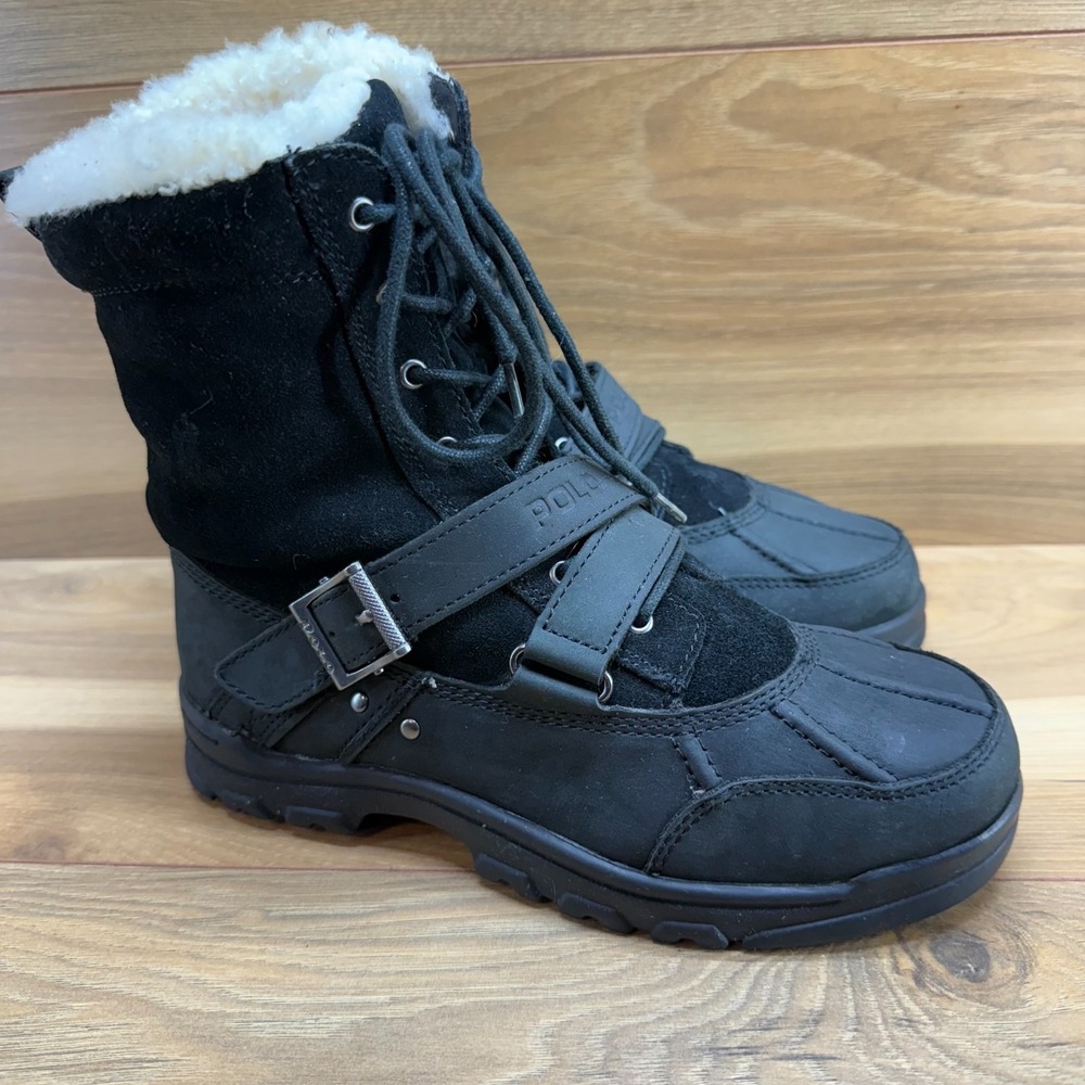Polo Ralph Lauren Tavin Shearling Boots Big Boys Size 4.5 Black Leather Suede